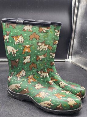 Sloggers Boots Womens Size 10 Green Goat Print Rubber Mid Calf Rain Waterproof